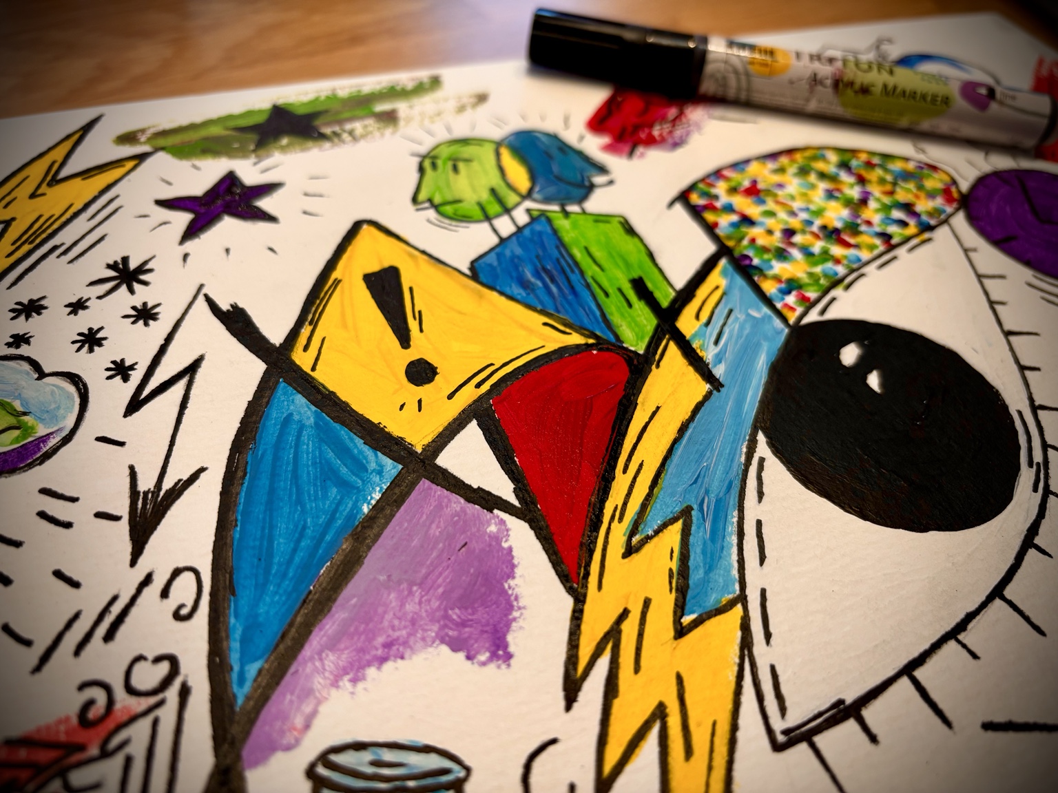 Colorful composition in progress with markers and brush